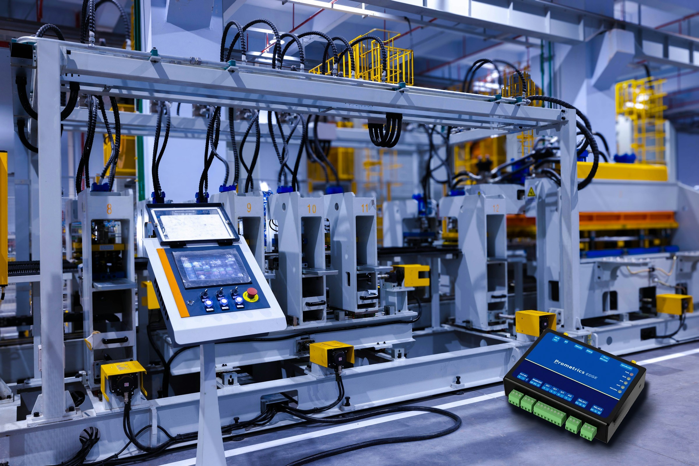 A Prometrics Edge unit in front of a production line with its control panel